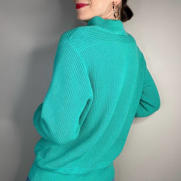 Vintage 90s button henley pullover sweater chunky knit grandpa cotton teal green - Picture 3 of 17